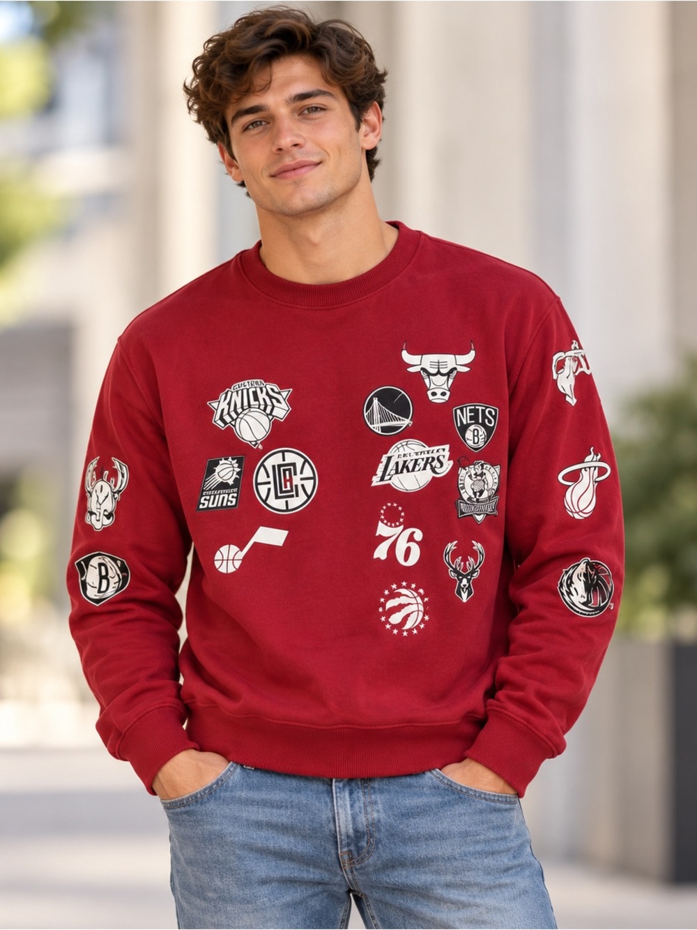 Hollister Red NBA Logos Crewneck Sweatshirt